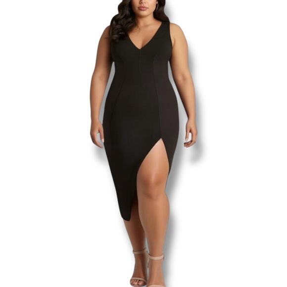 Abercrombie & Fitch Size L Petite‎ Pleated Black Midi Dress High Slit LBD NWT - Picture 1 of 10